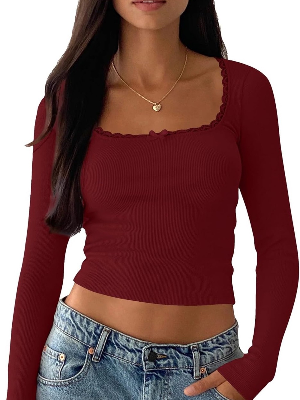 Women’s Ribbed Long Sleeve Square Neck Top - Burgundy